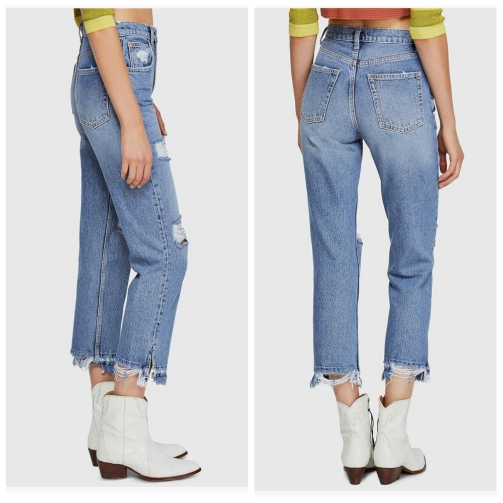 Free People We The Free Lita Slim Leg Distressed Cropped Women's 25 Medium Wash - Picture 2 of 11